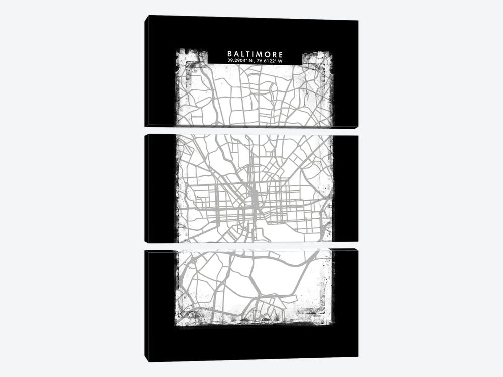 Baltimore City Map Black White Grey Style by WallDecorAddict 3-piece Canvas Art Print