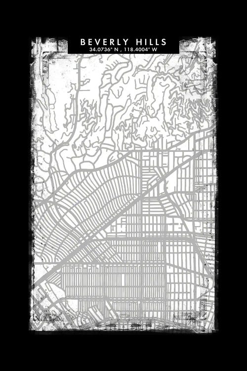 Beverly Hills City Map Black White Grey Style