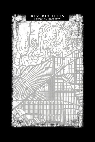 Beverly Hills City Map Black White Grey Style