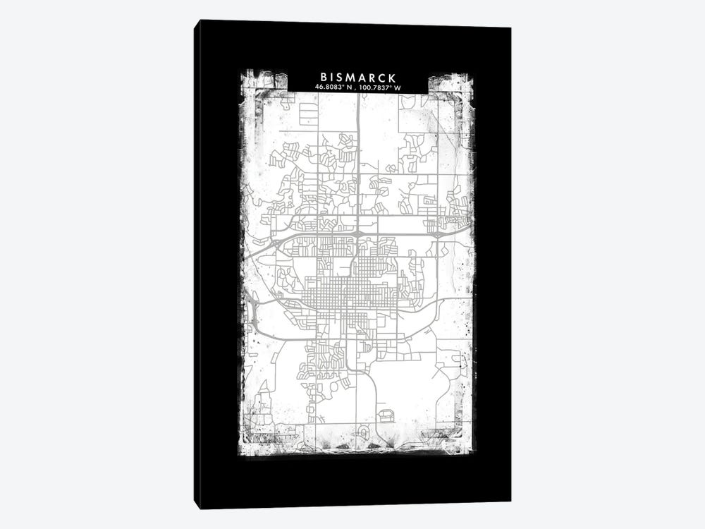 Bismarck, North Dakota City Map Black White Grey Style by WallDecorAddict 1-piece Canvas Wall Art