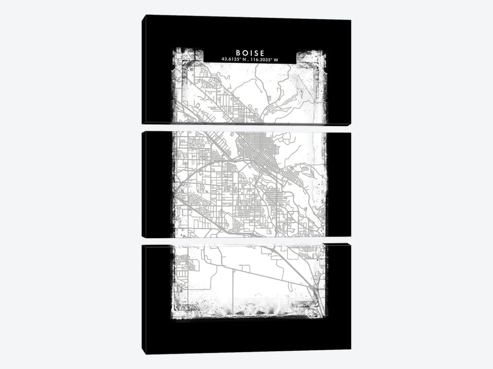 Boise City Map Black White Grey Style by WallDecorAddict 3-piece Canvas Art Print