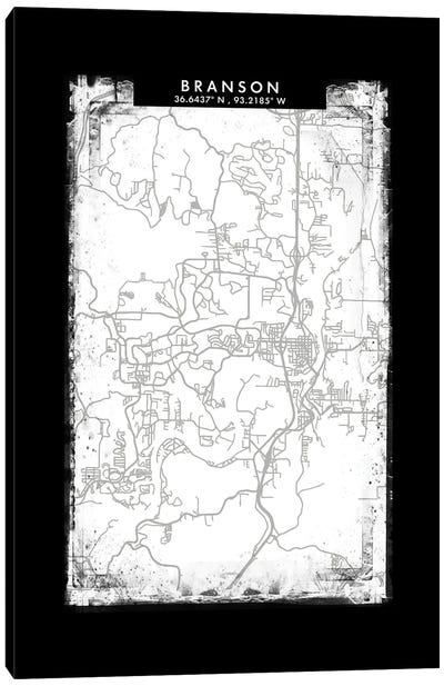 Branson, Missouri City Map Black White Grey Style Canvas Art Print - Missouri Art