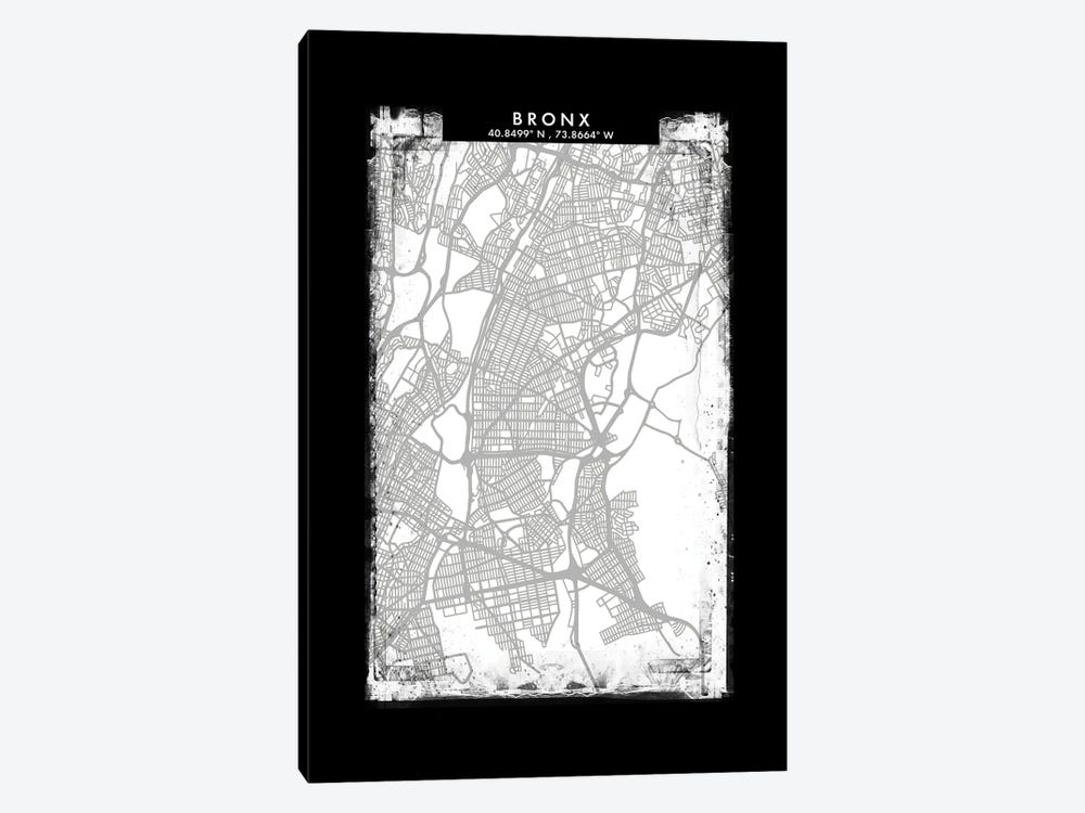 Bronx City Map Black White Grey Style by WallDecorAddict 1-piece Canvas Print