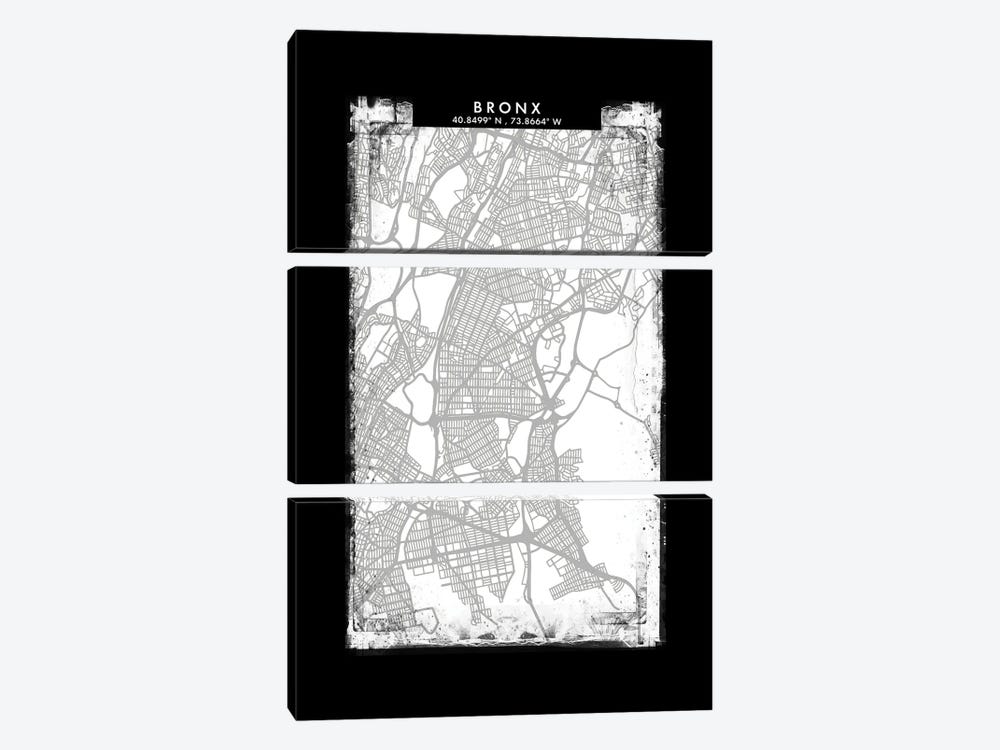 Bronx City Map Black White Grey Style by WallDecorAddict 3-piece Canvas Print