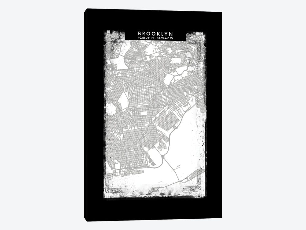 Brooklyn, New York City Map Black White Grey Style by WallDecorAddict 1-piece Canvas Wall Art