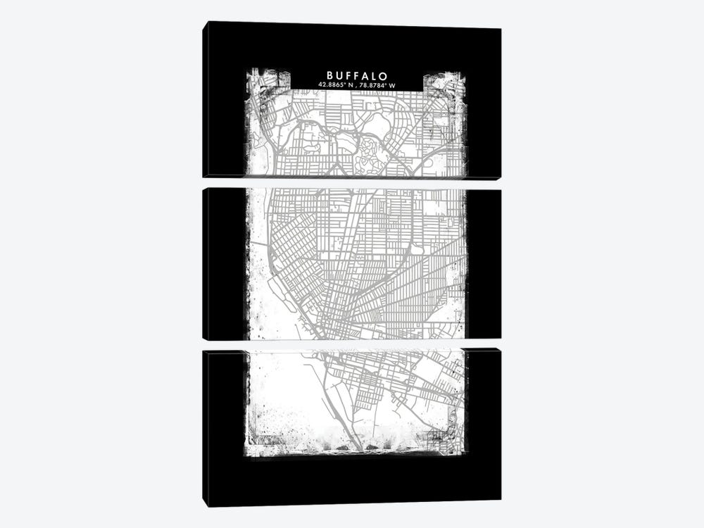 Buffalo City Map Black White Grey Style by WallDecorAddict 3-piece Canvas Print