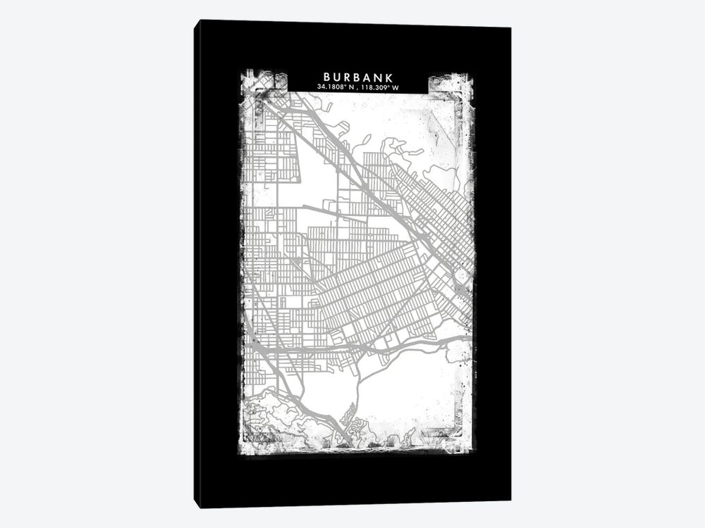 Burbank City Map Black White Grey Style by WallDecorAddict 1-piece Canvas Art Print