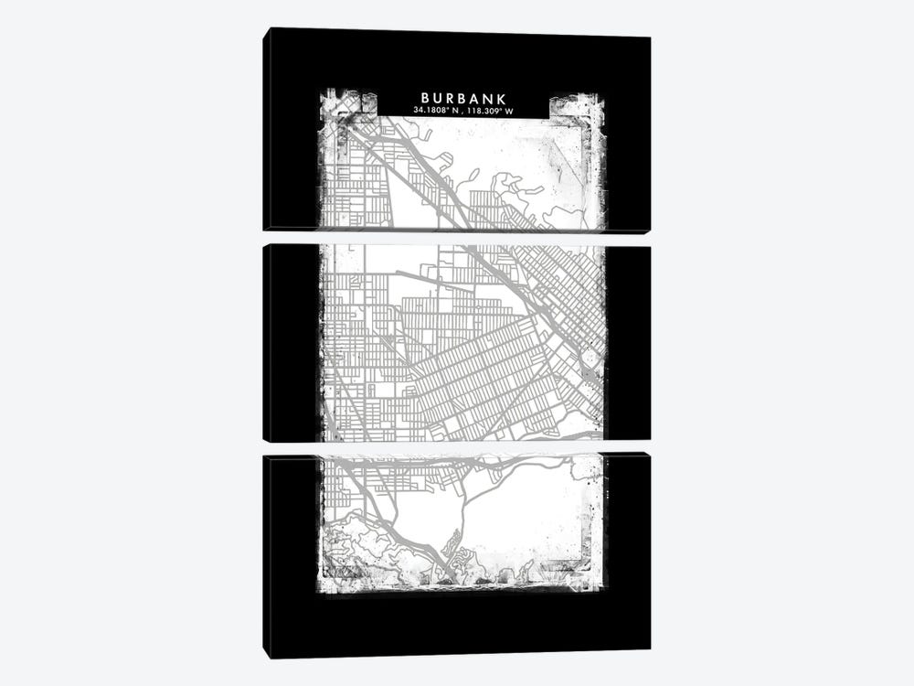 Burbank City Map Black White Grey Style by WallDecorAddict 3-piece Canvas Print