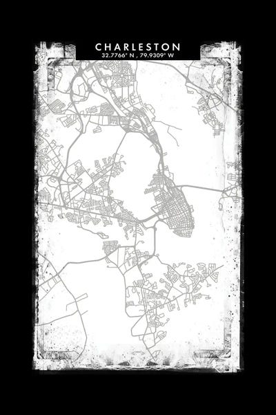 South Carolina: Charleston City Map Black White Grey Style by WallDecorAddict