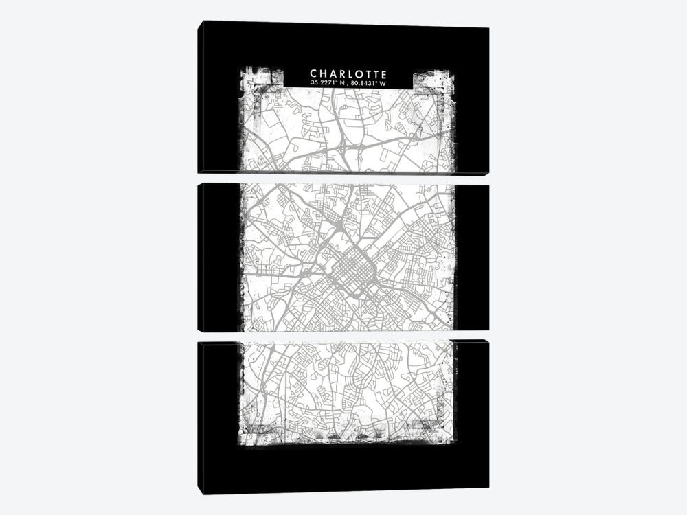Charlotte City Map Black White Grey Style by WallDecorAddict 3-piece Canvas Print