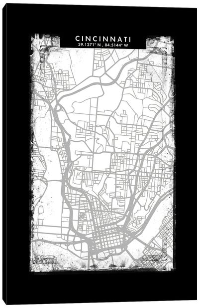 Cincinnati City Map Black White Grey Style Canvas Art Print - Ohio Art