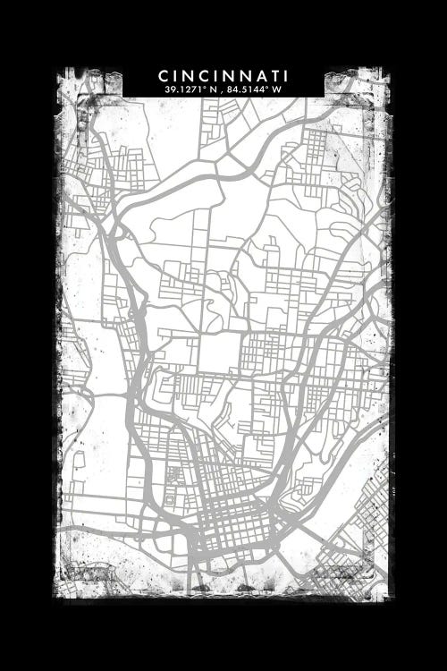 Cincinnati City Map Black White Grey Style