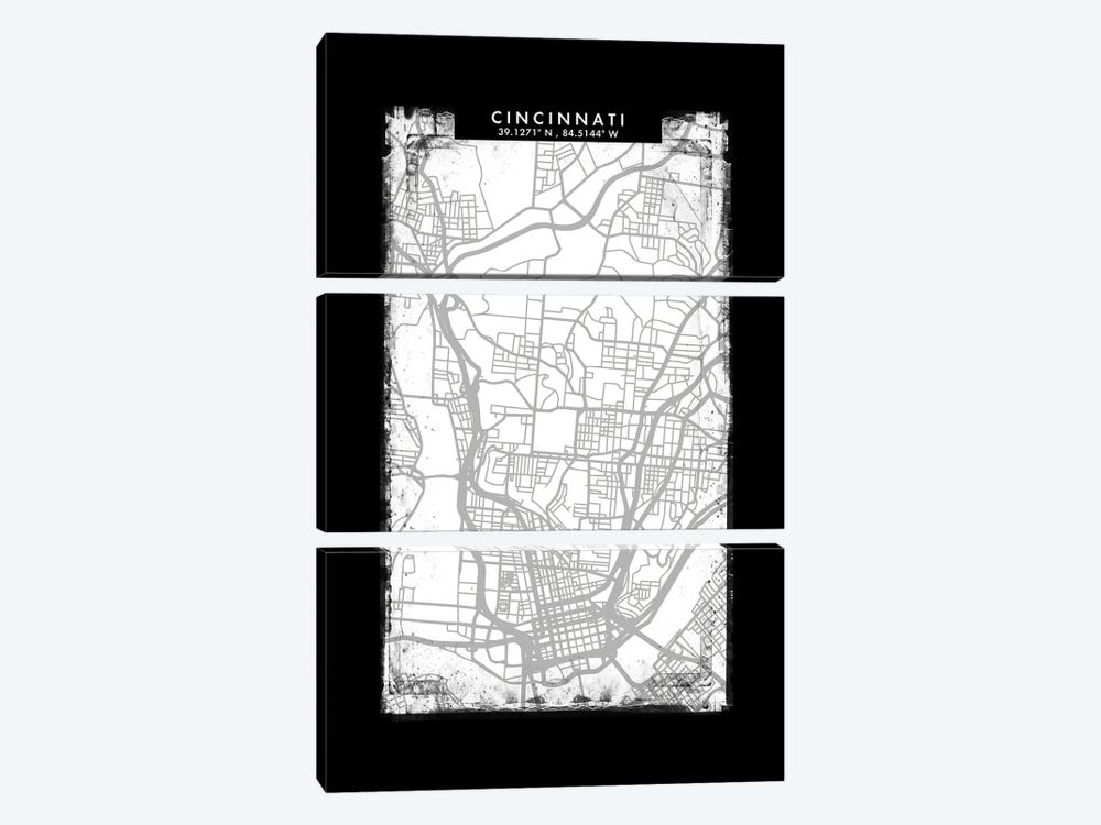 Cincinnati City Map Black White Grey Style by WallDecorAddict 3-piece Canvas Artwork