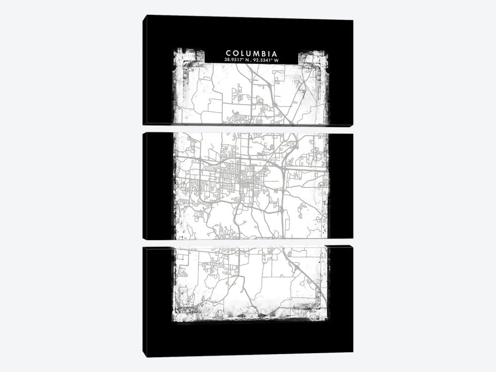 Columbia City Map Black White Grey Style by WallDecorAddict 3-piece Canvas Print