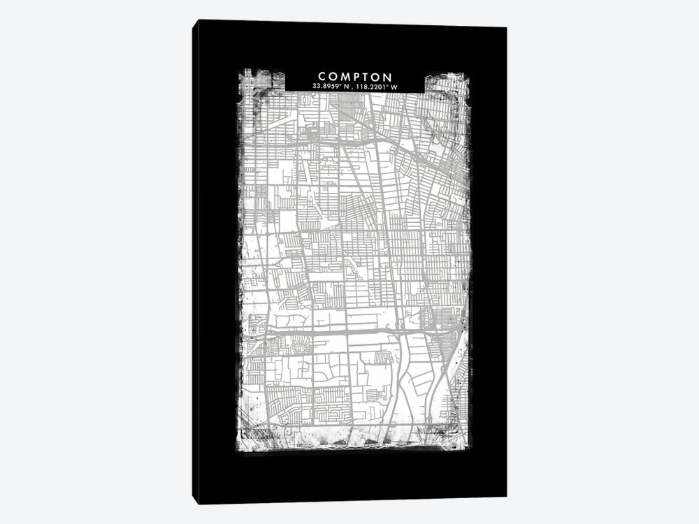 Compton City Map Black White Grey Style by WallDecorAddict 1-piece Canvas Wall Art