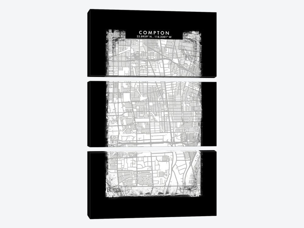 Compton City Map Black White Grey Style by WallDecorAddict 3-piece Canvas Art