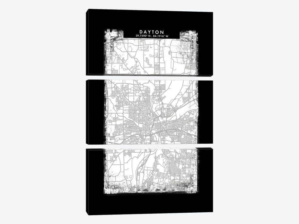 Dayton City Map Black White Grey Style by WallDecorAddict 3-piece Canvas Print