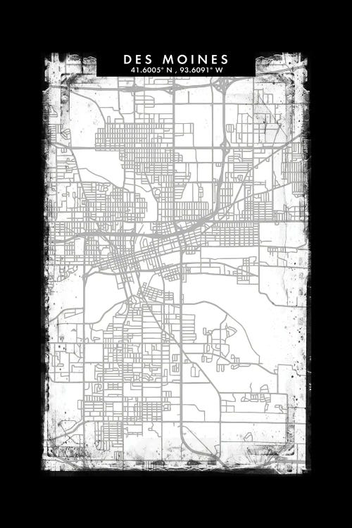 Des Moines City Map Black White Grey Style