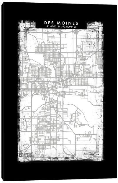 Des Moines City Map Black White Grey Style Canvas Art Print
