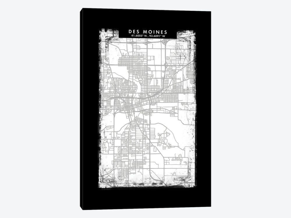 Des Moines City Map Black White Grey Style by WallDecorAddict 1-piece Canvas Artwork