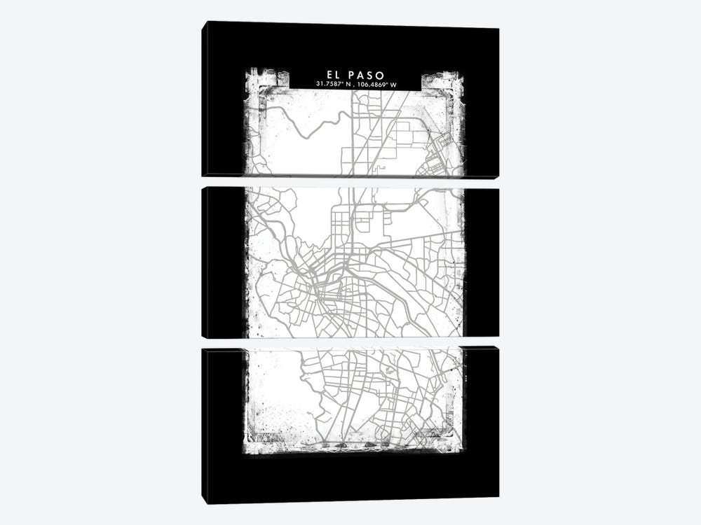 El Paso City Map Black White Grey Style by WallDecorAddict 3-piece Canvas Print