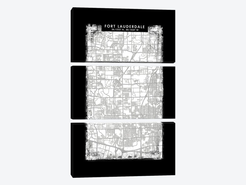 Fort Lauderdale City Map Black White Grey Style by WallDecorAddict 3-piece Canvas Artwork