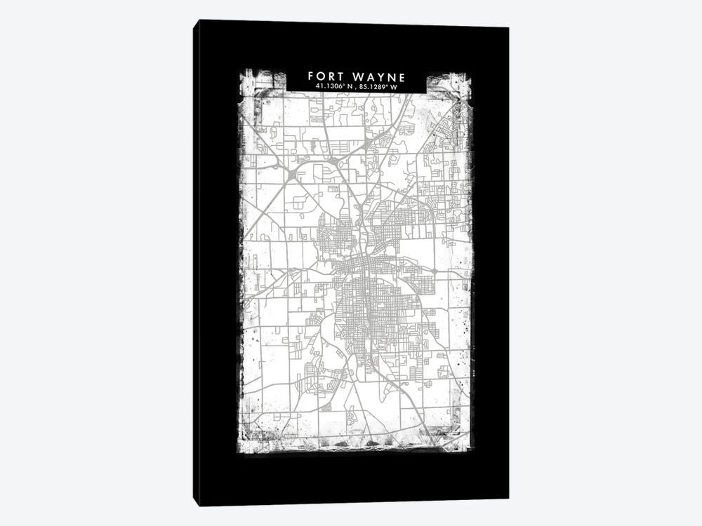 Fort Wayne City Map Black White Grey Style by WallDecorAddict 1-piece Canvas Print