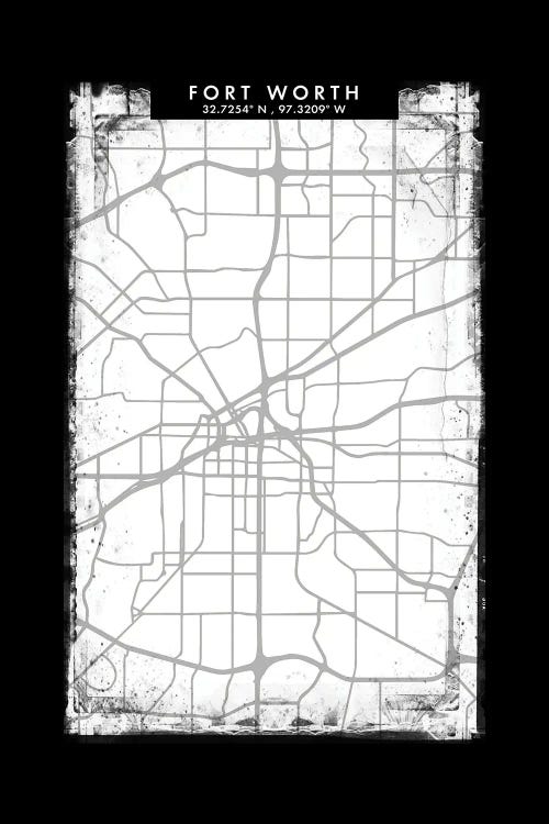 Fort Worth City Map Black White Grey Style