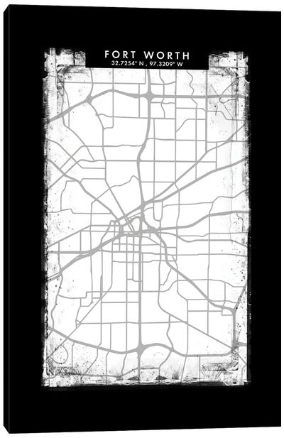 Fort Worth City Map Black White Grey Style Canvas Art Print