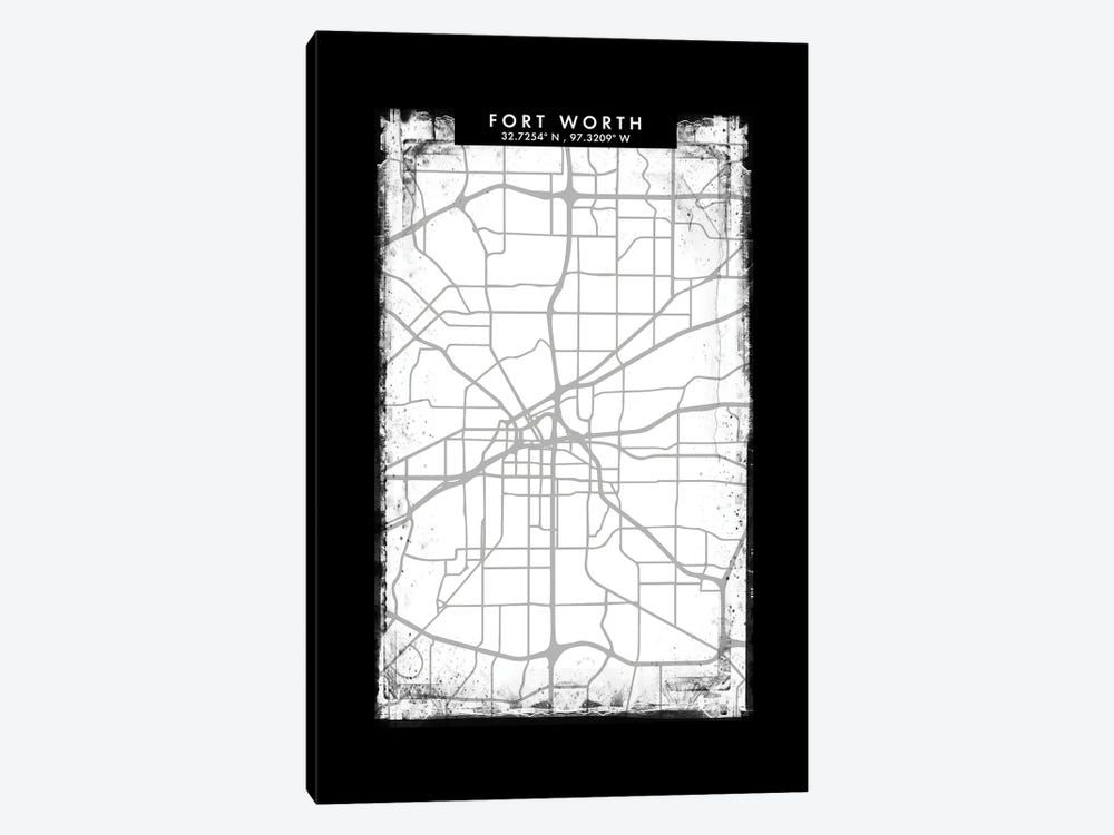 Fort Worth City Map Black White Grey Style by WallDecorAddict 1-piece Canvas Artwork
