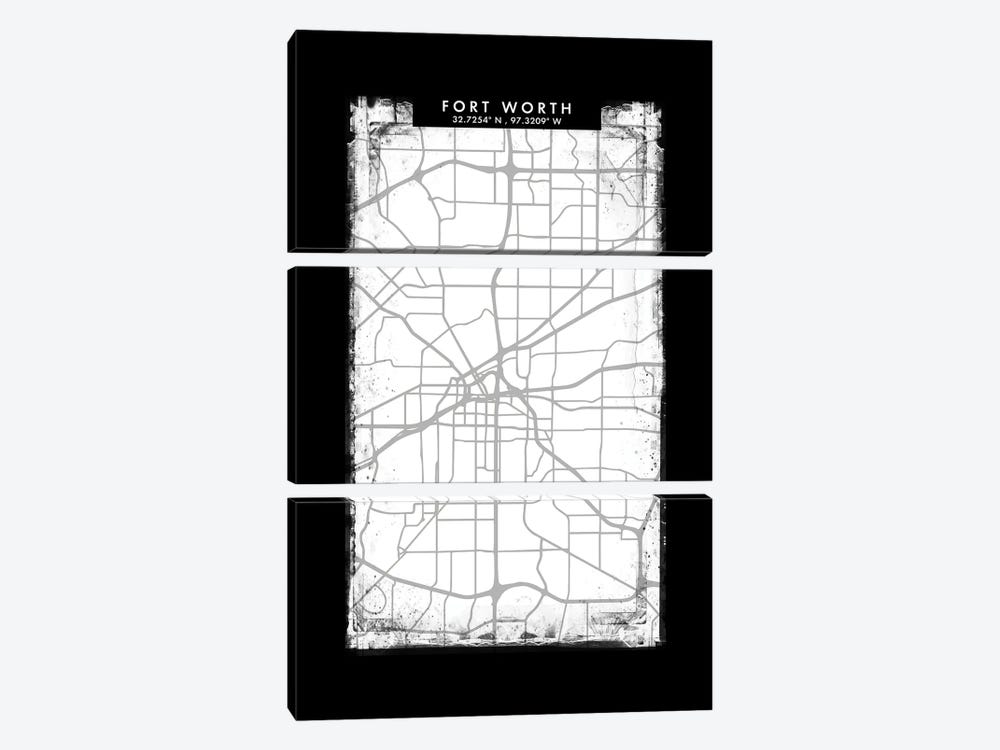 Fort Worth City Map Black White Grey Style by WallDecorAddict 3-piece Canvas Art