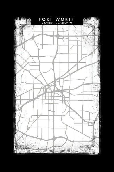 Canvas Print: Fort Worth City Map Black White Grey Style by WallDecorAddict