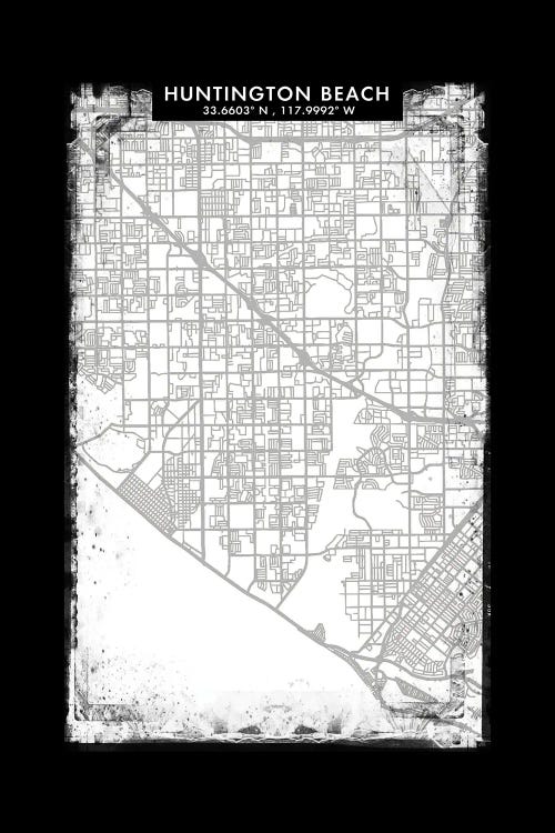 Huntington Beach City Map Black White Grey Style