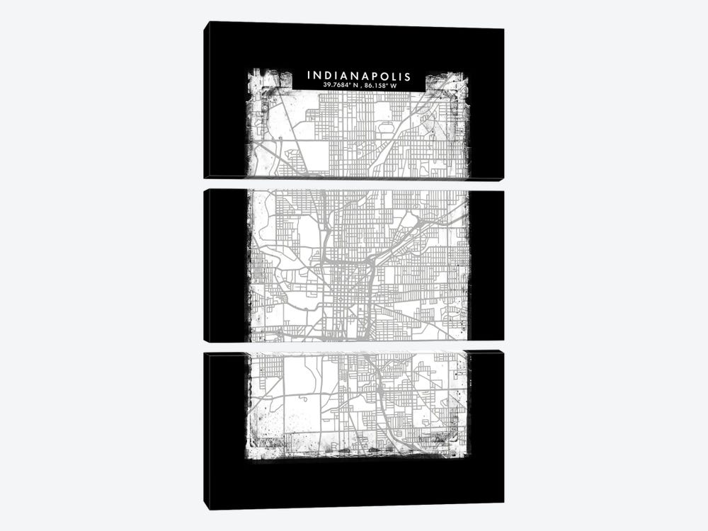 Indianapolis City Map Black White Grey Style by WallDecorAddict 3-piece Canvas Artwork