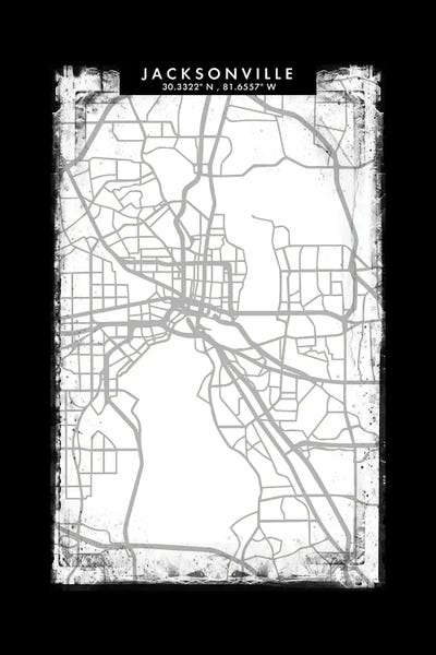 Jacksonville City Map Black White Grey Style by WallDecorAddict canvas print