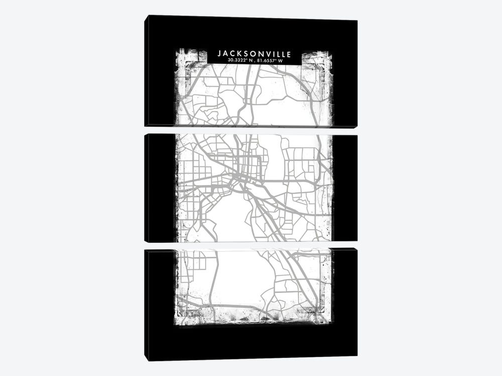 Jacksonville City Map Black White Grey Style by WallDecorAddict 3-piece Art Print