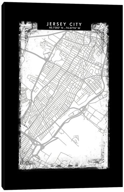 Jersey City, New Jersey, City Map Black White Grey Style Canvas Art Print - New Jersey Art