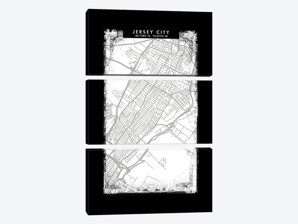 Jersey City, New Jersey, City Map Black White Grey Style by WallDecorAddict 3-piece Canvas Art