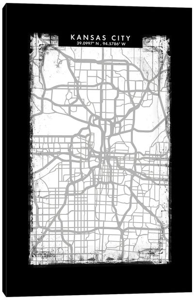 Kansas City Map Black White Grey Style Canvas Art Print - WallDecorAddict