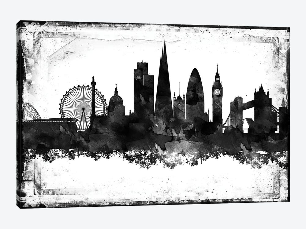 London Black And White Framed Skylines by WallDecorAddict 1-piece Canvas Print