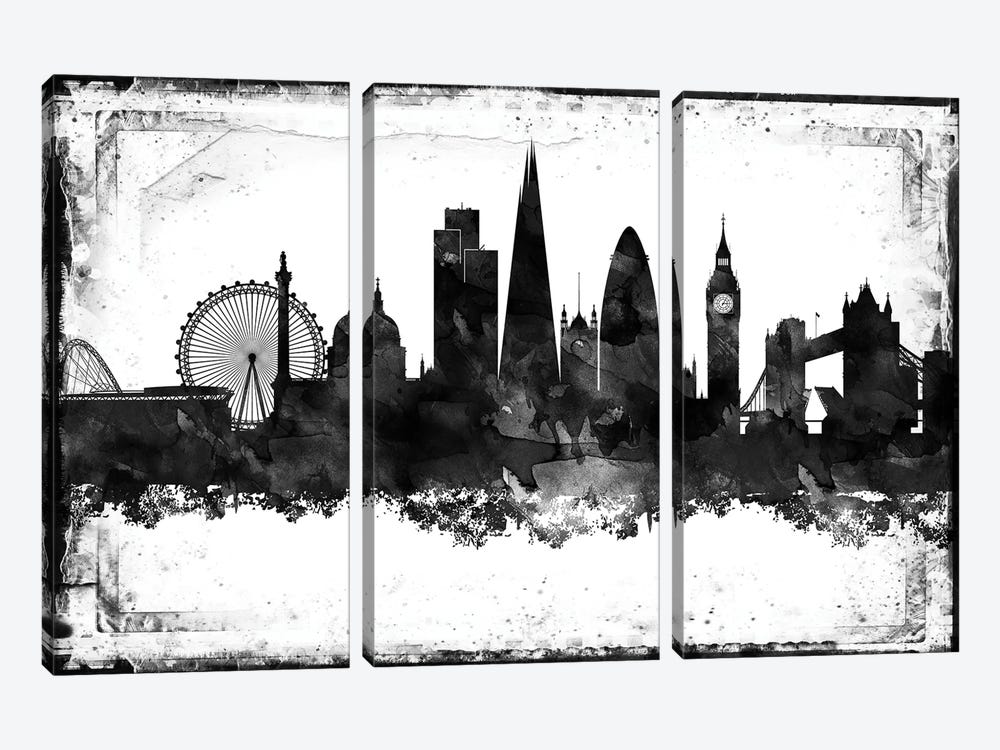 London Black And White Framed Skylines by WallDecorAddict 3-piece Canvas Print