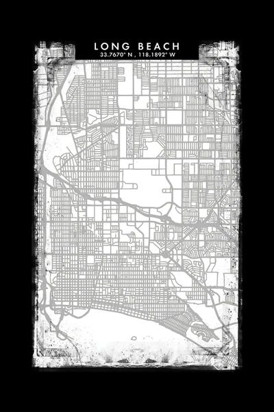 Long Beach City Map Black White Grey Style by WallDecorAddict framed canvas print