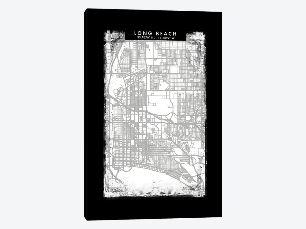 Long Beach City Map Black White Grey Style by WallDecorAddict 1-piece Canvas Print