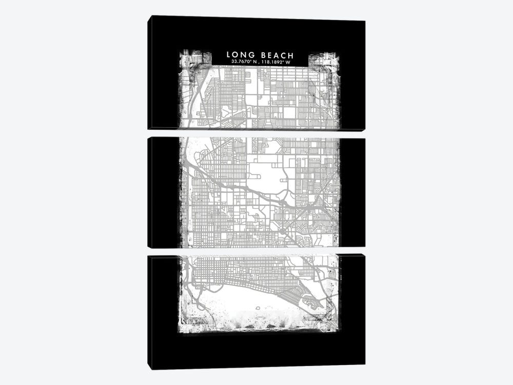 Long Beach City Map Black White Grey Style by WallDecorAddict 3-piece Canvas Print