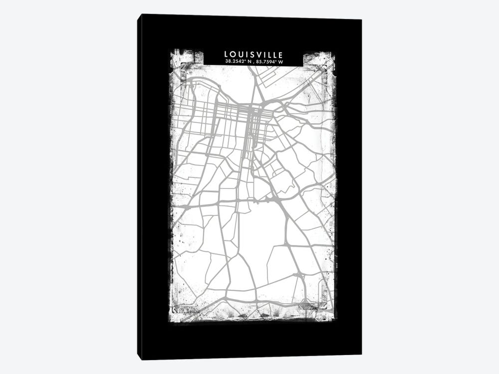 Louisville City Map Black White Grey Style by WallDecorAddict 1-piece Canvas Wall Art