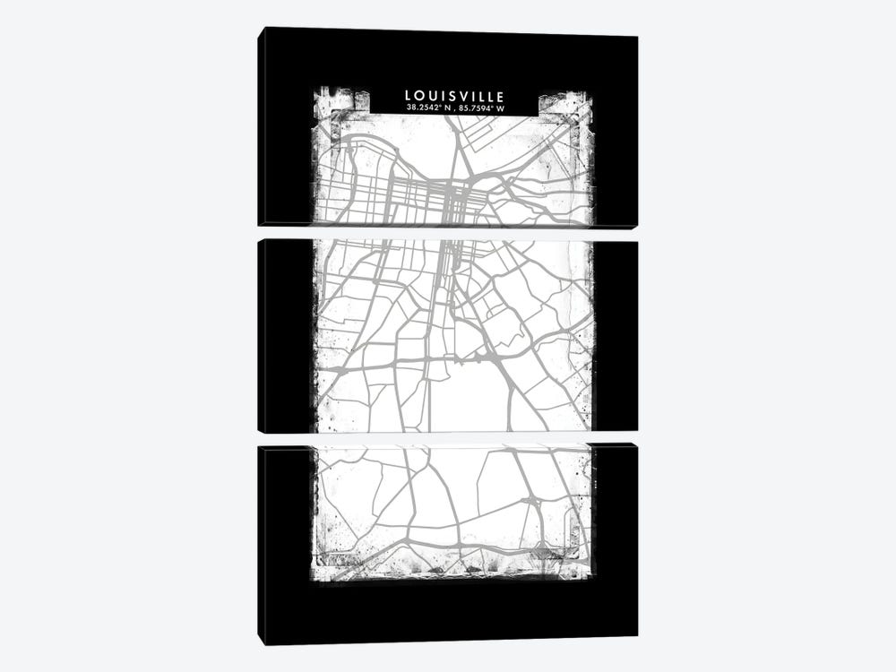 Louisville City Map Black White Grey Style by WallDecorAddict 3-piece Canvas Art