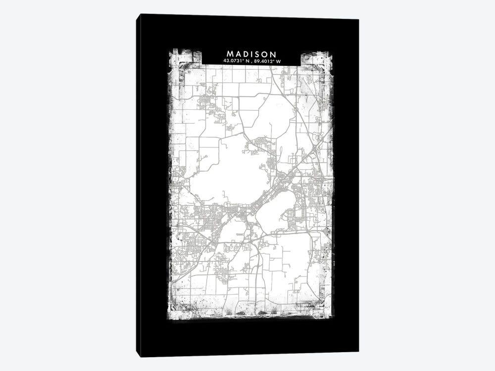 Madison City Map Black White Grey Style by WallDecorAddict 1-piece Canvas Art Print