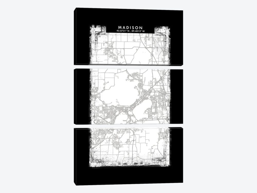 Madison City Map Black White Grey Style by WallDecorAddict 3-piece Canvas Print