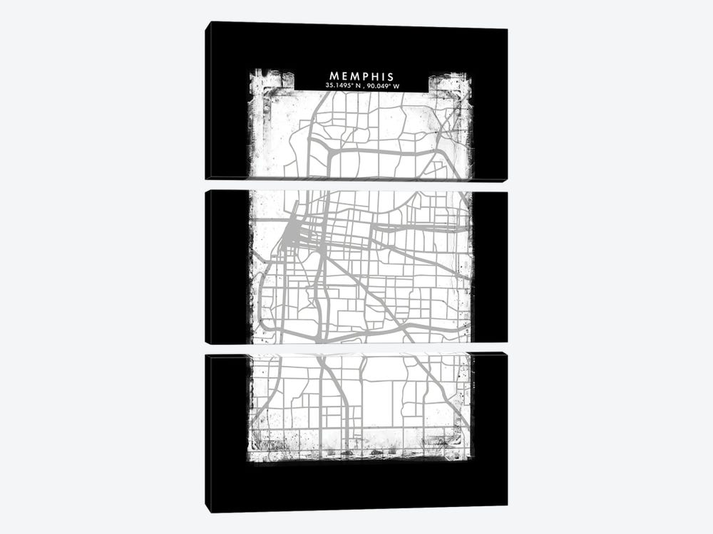 Memphis City Map Black White Grey Style by WallDecorAddict 3-piece Canvas Wall Art