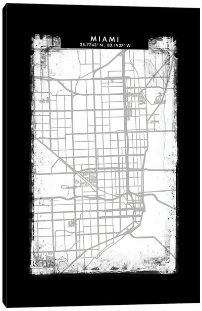Miami City Map Black White Grey Style Canvas Art Print - Miami Maps